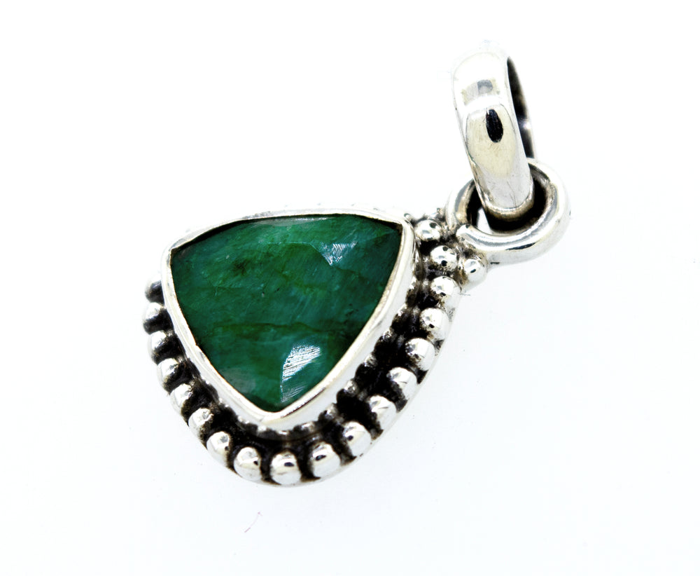 A Beautiful Triangular Shape Emerald Pendant With Beads Design from Super Silver, with an emerald stone in a silver setting.