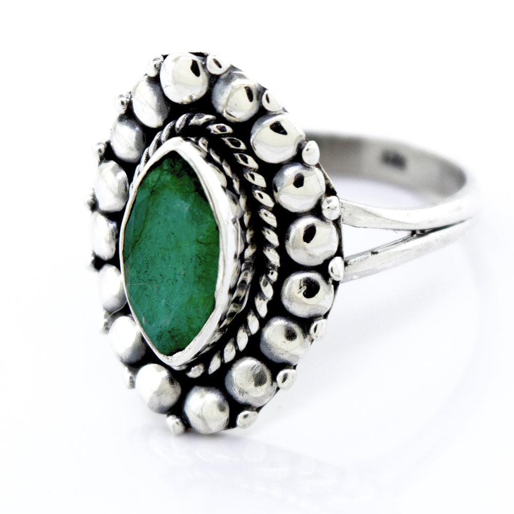Marquise Shaped Vibrant Emerald Ring in Super Silver sterling silver.