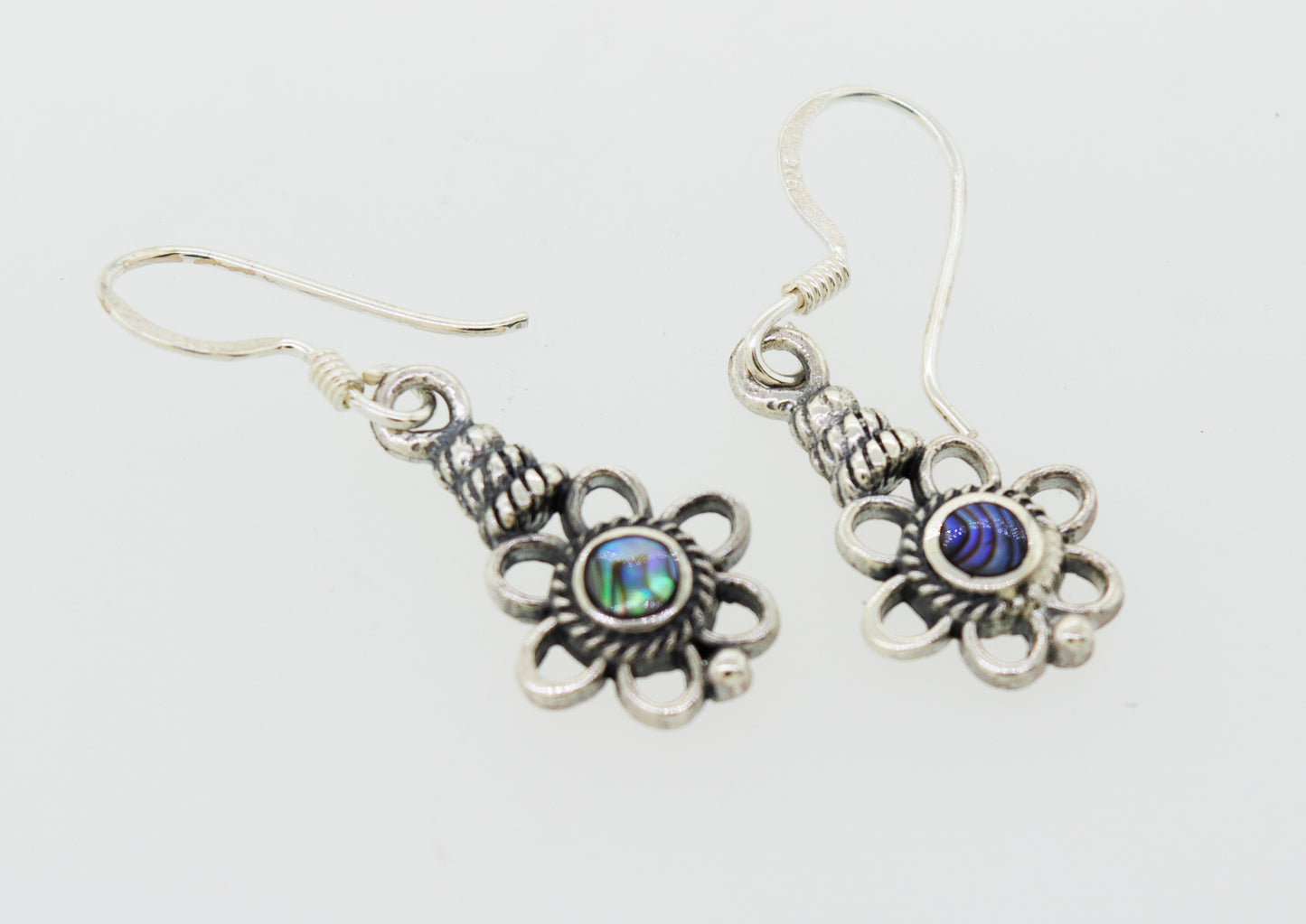 
                  
                    A pair of Super Silver Flower Design Earrings with a Round Stone, featuring round blue and green stones.
                  
                