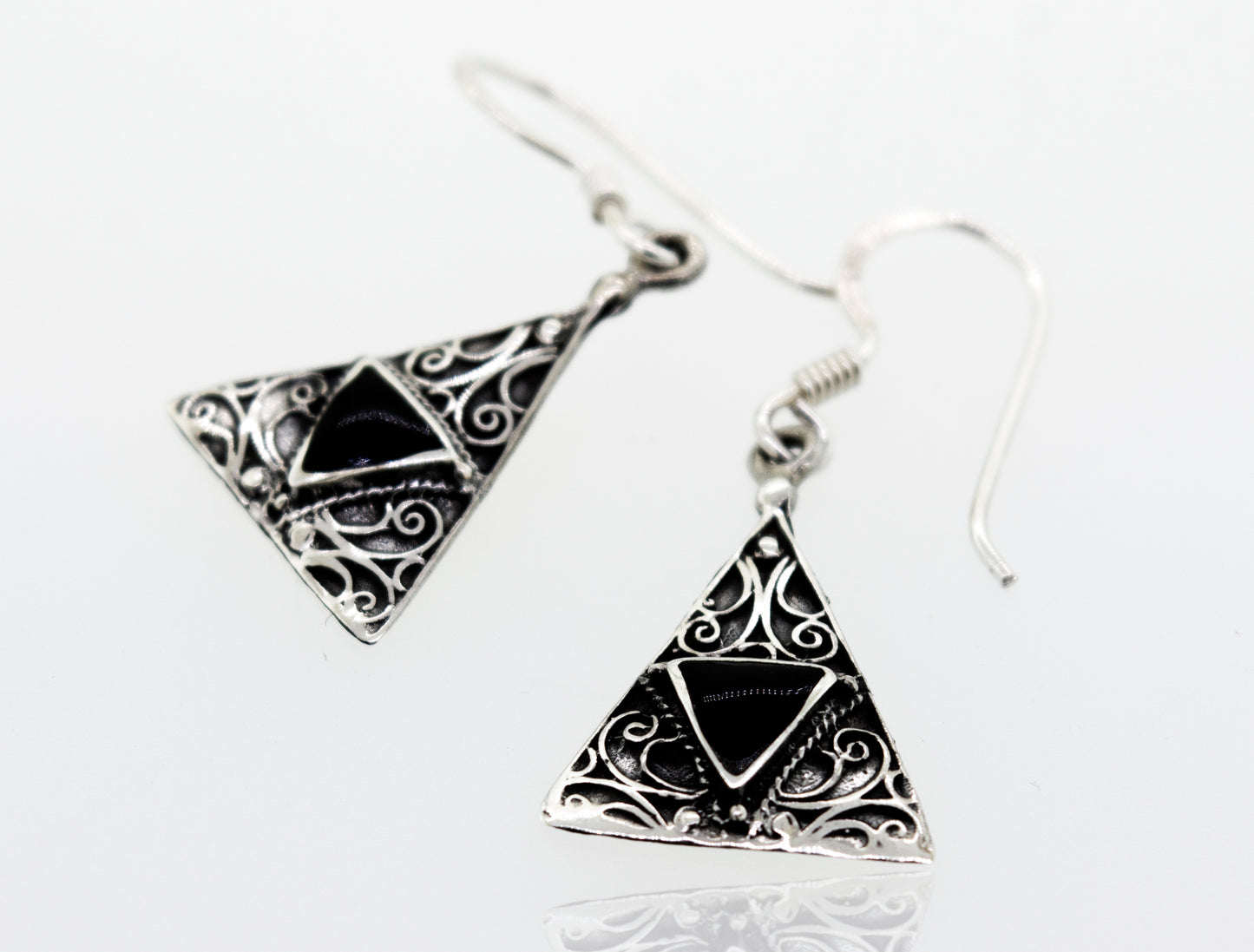 
                  
                    A pair of Super Silver Freestyle Design Triangle Shape Onyx Earrings featuring onyx stone accents.
                  
                