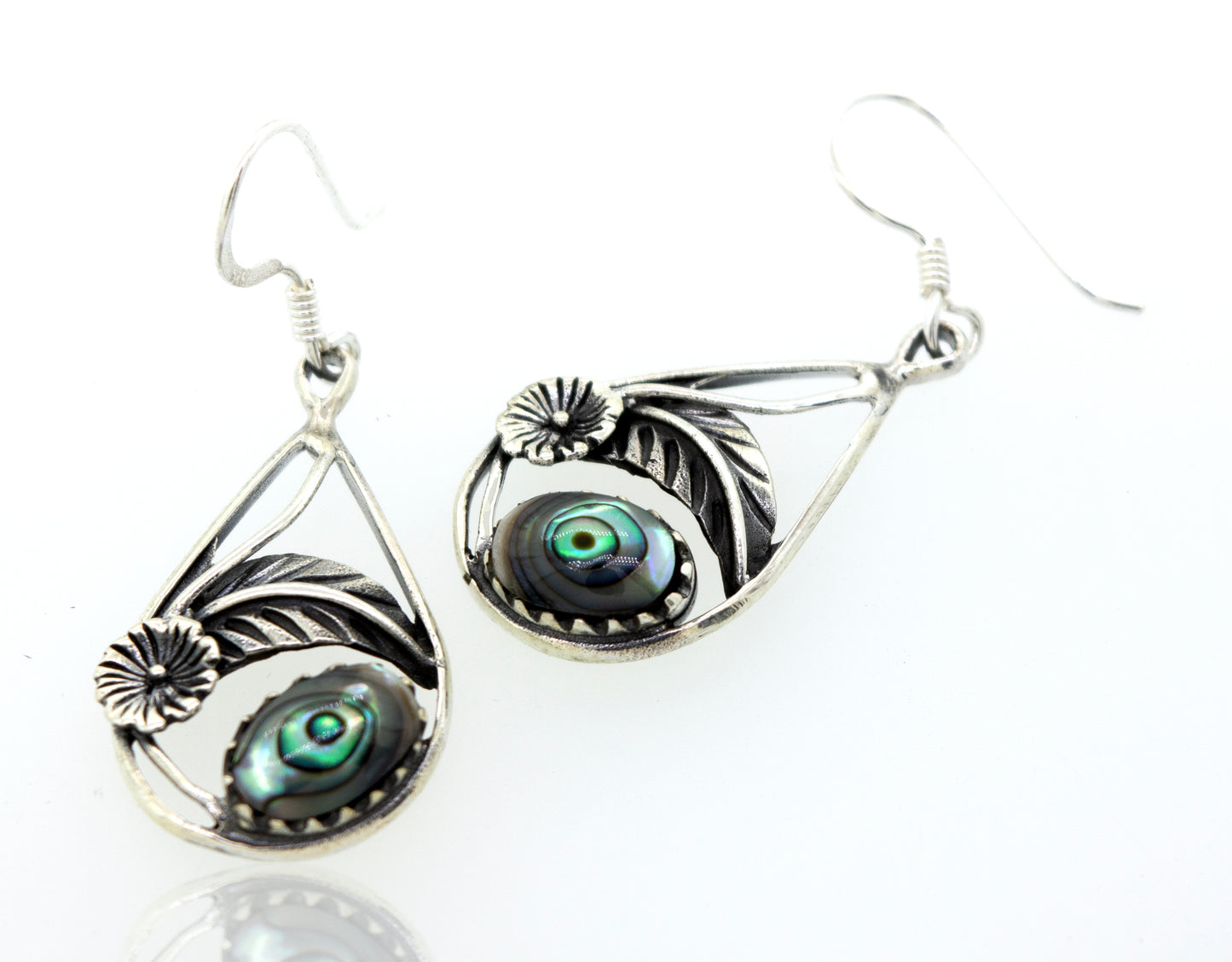 A pair of Super Silver Abalone Teardrop Earrings With Floral Setting.