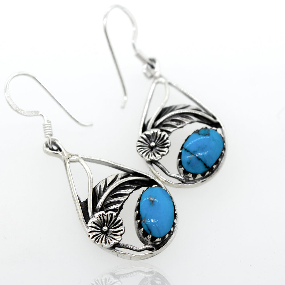Blue Turquoise Teardrop Earrings with Floral Setting by Super Silver.