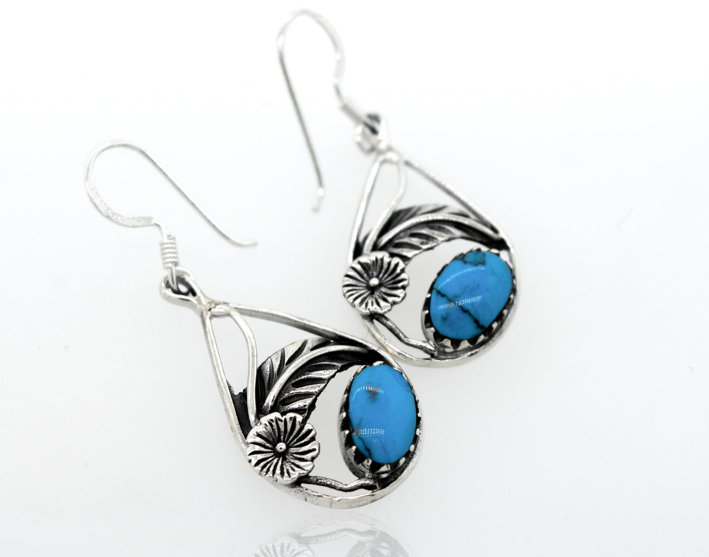 Blue Turquoise Teardrop Earrings with Floral Setting by Super Silver.