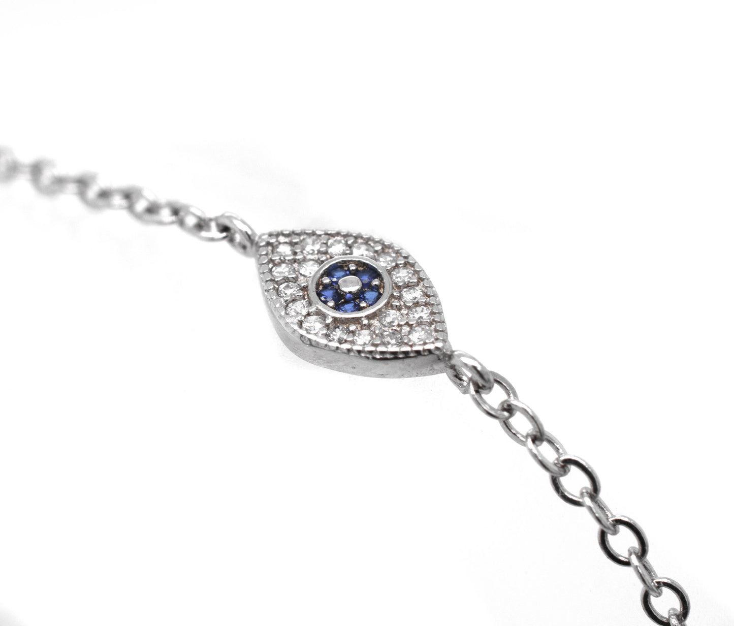 A Super Silver Classic Blue Pave Cubic Zirconia Evil Eye Bracelet, crafted in sterling silver with diamonds and blue sapphires.