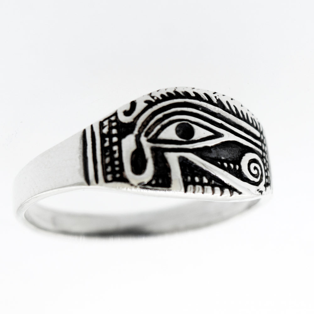 
                  
                    An Egyptian signet ring, Eye of Horus Ring With Vintage Look, crafted in sterling silver, depicting the mesmerizing Eye of Horus.
                  
                