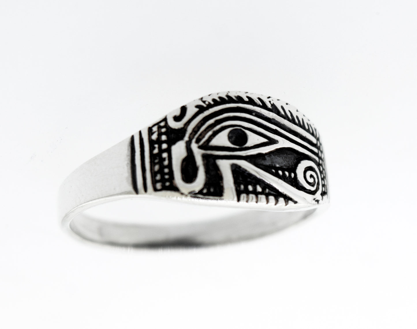 
                  
                    An Egyptian signet ring, Eye of Horus Ring With Vintage Look, crafted in sterling silver, depicting the mesmerizing Eye of Horus.
                  
                