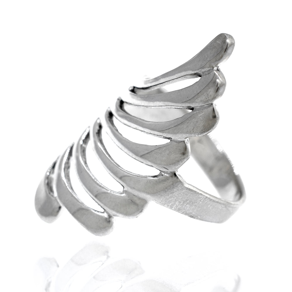 A high polish Super Silver Silver Fan Design Ring on a white background.