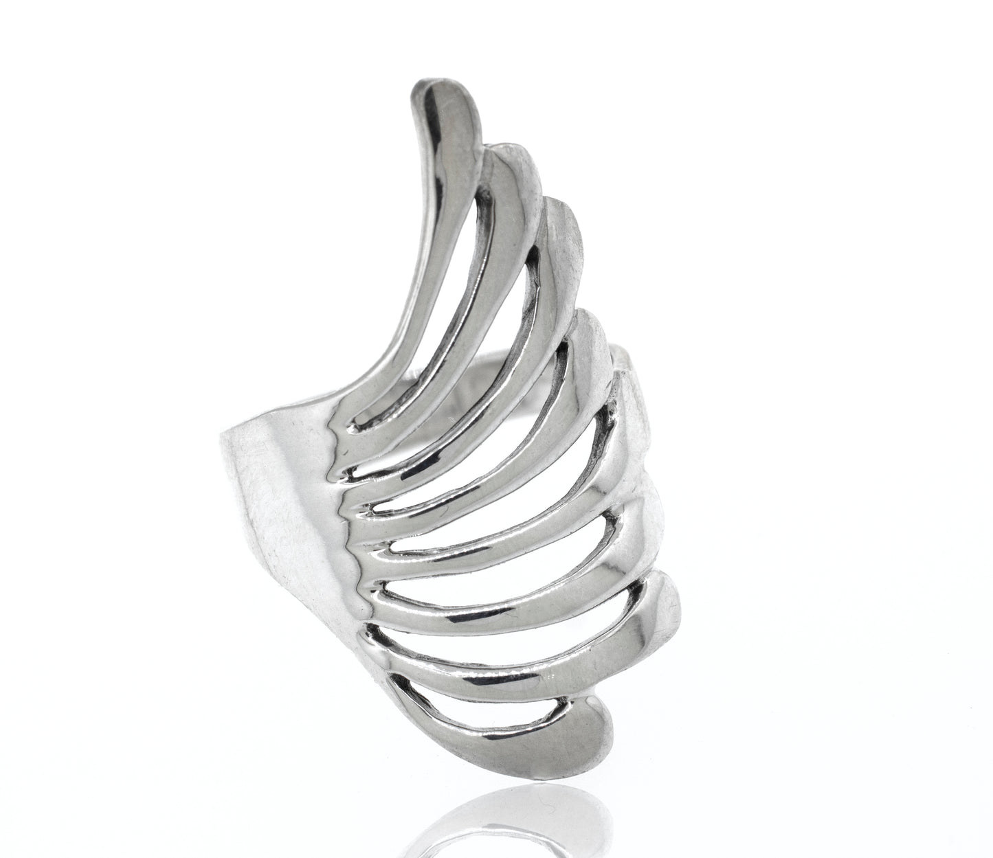 A high polish Super Silver wing ring with fan design on a white background.