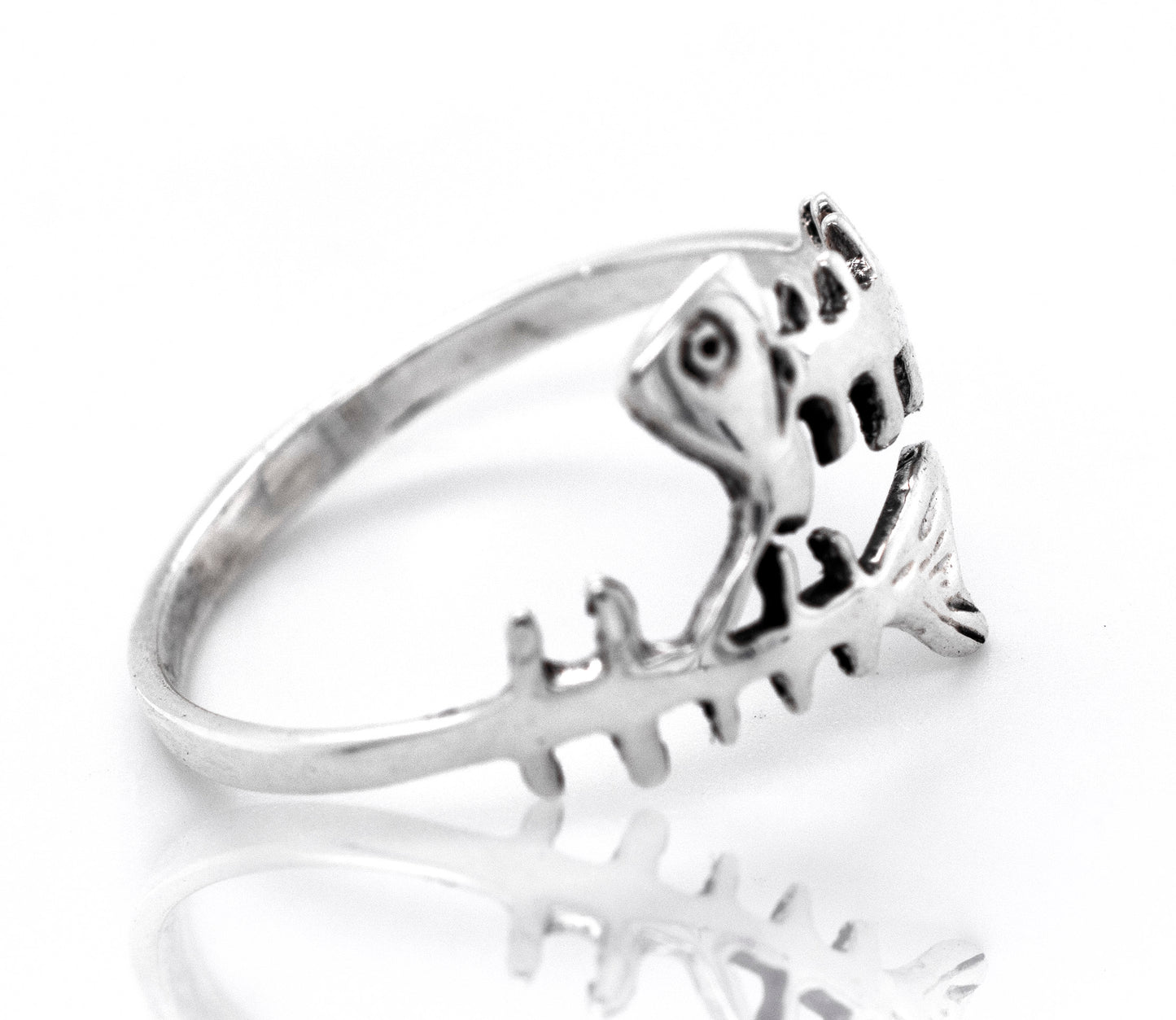 A sterling silver Fish Skeleton Ring inspired by the ocean.