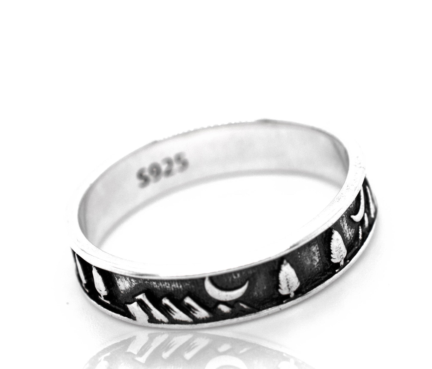 A silver Night Sky Forest Scene Band with intricate black and white tree designs.