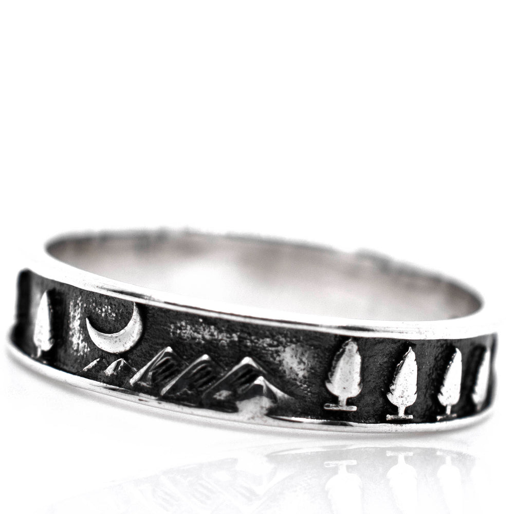 A Night Sky Forest Scene Band with a moon, stars, and nature-inspired elements such as a tree or pine tree design.