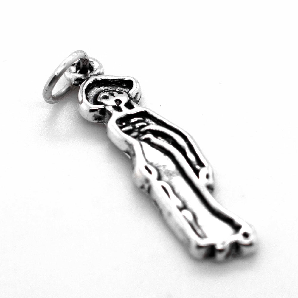 A Dia De Los Muertos Female skeleton charm necklace made of .925 Sterling Silver by Super Silver.