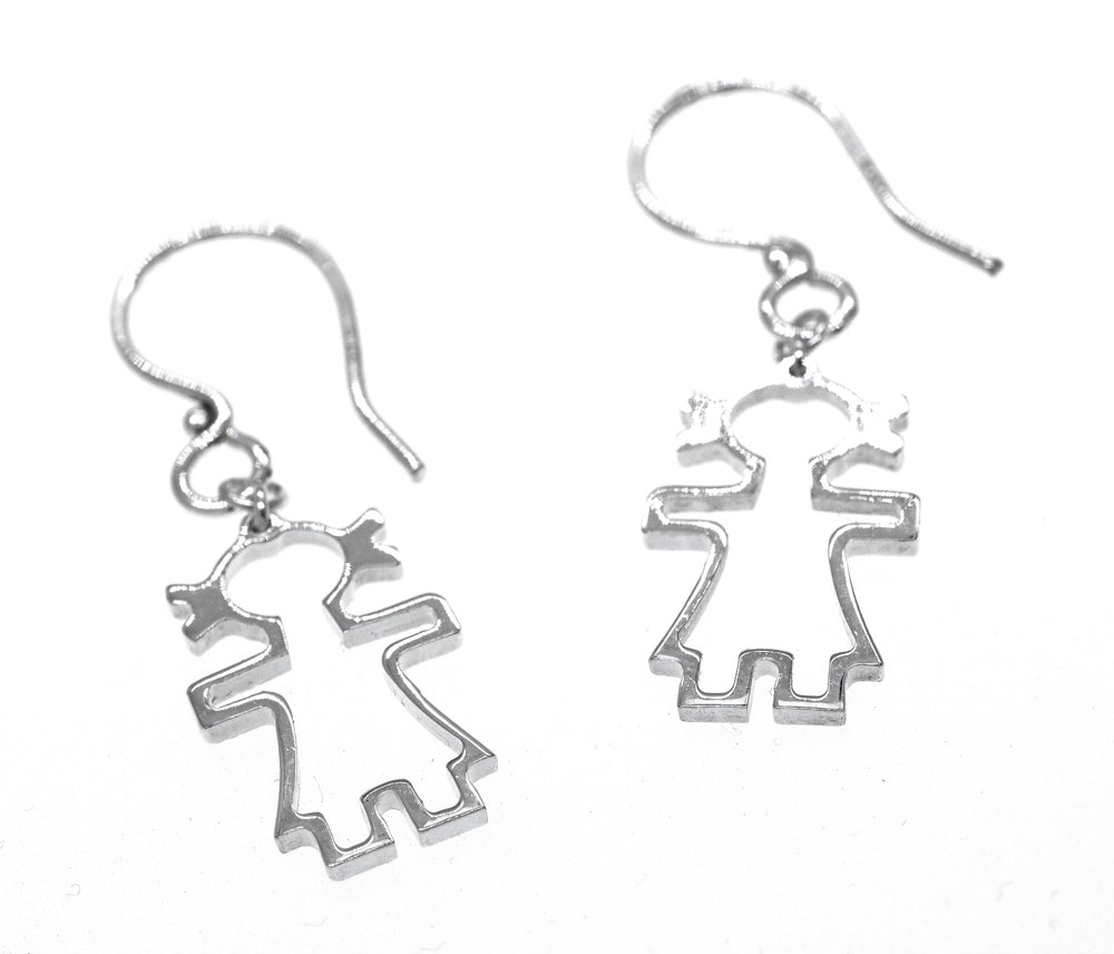 A pair of Super Silver Little Woman Shaped Earrings featuring a girl, symbolizing love and portraying the beauty of humanity.