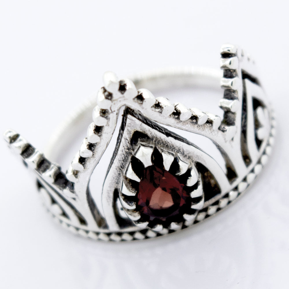 A Super Silver Crown Ring with Teardrop Shape Garnet.