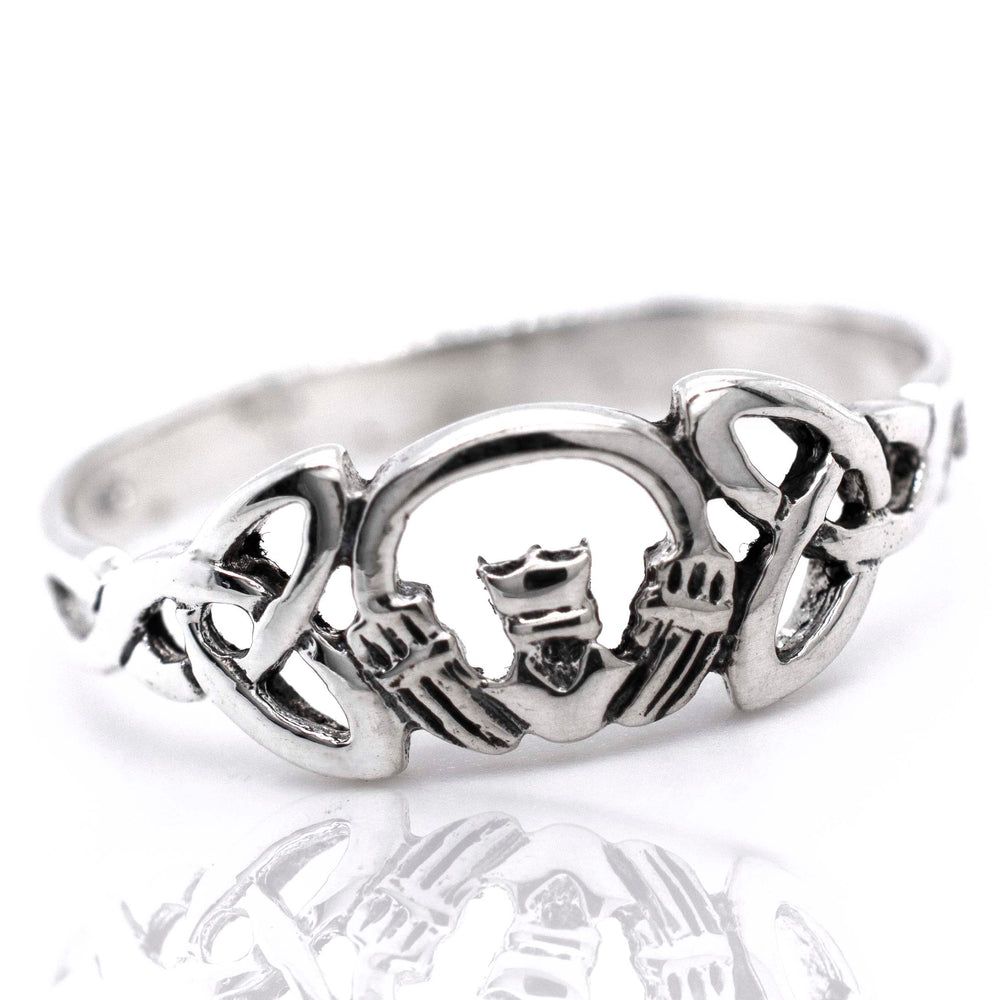 
                  
                    Sterling silver Claddagh ring with a heart motif
                  
                