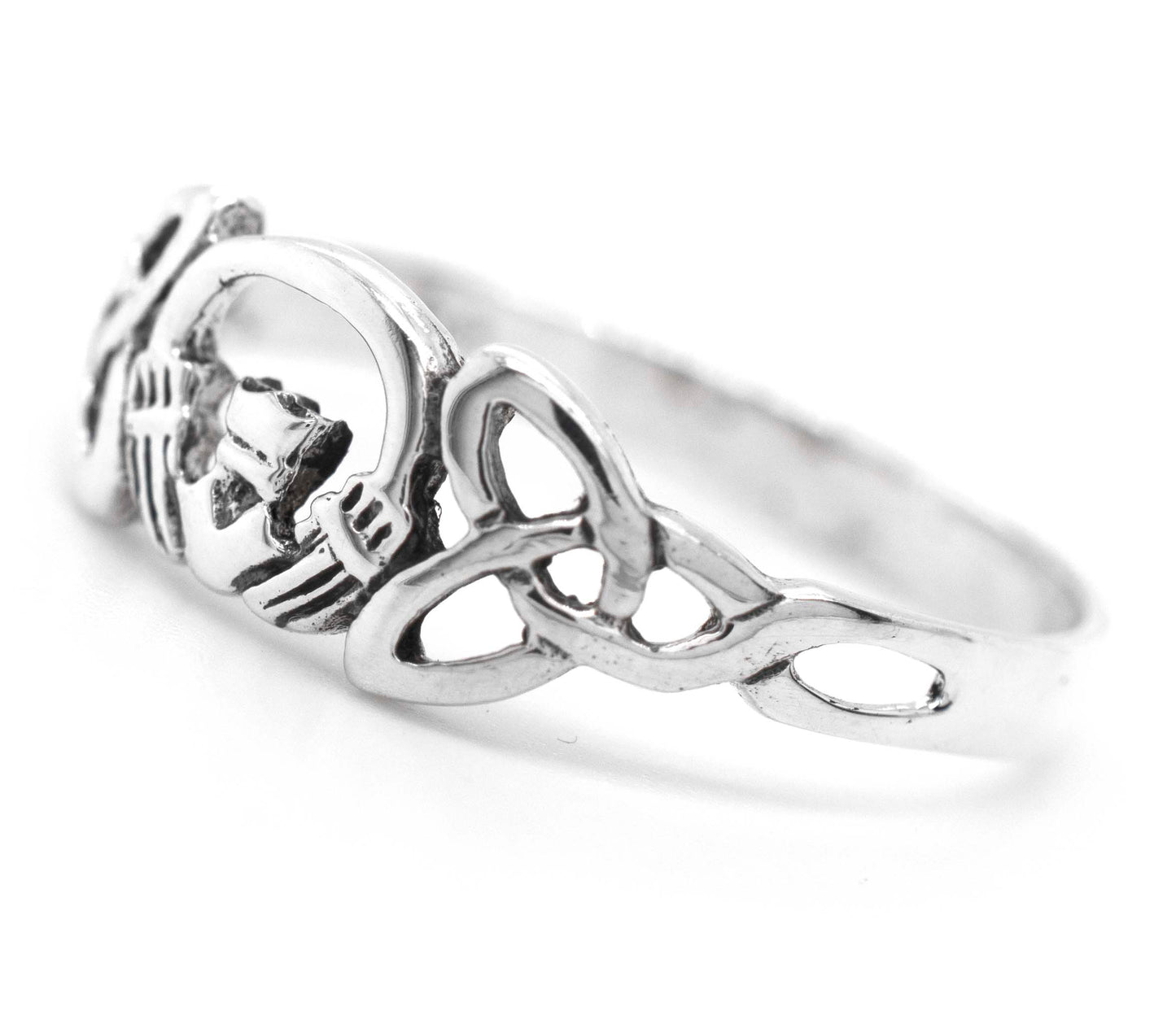 A cultural symbol of love, this elegant sterling silver Claddagh Ring With Trinity Knot is a timeless piece.