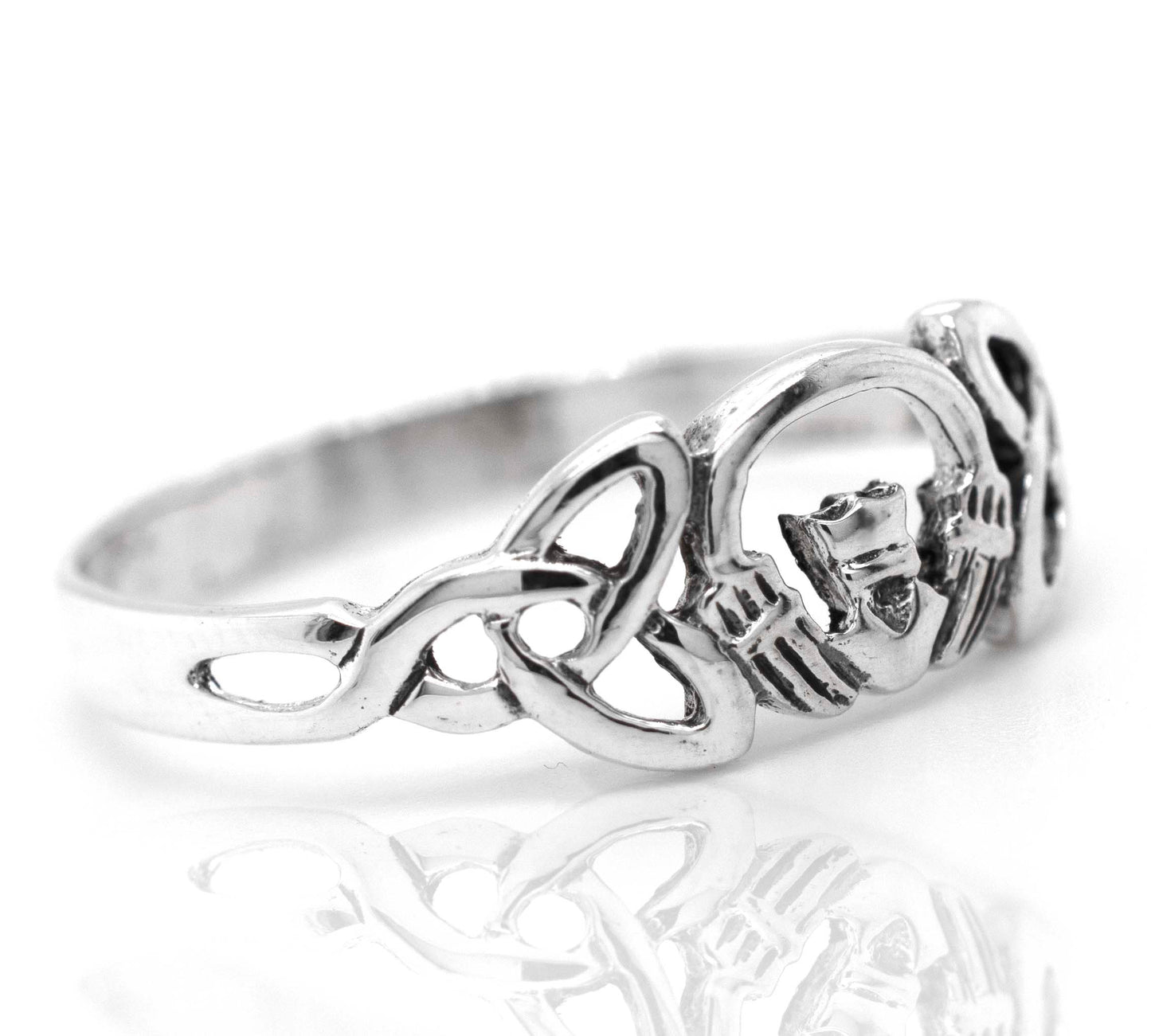 This sterling silver Claddagh Ring With Trinity Knot embodies the essence of love and Celtic culture. Suitable for engagement or as a meaningful gift, it showcases beautiful craftsmanship.