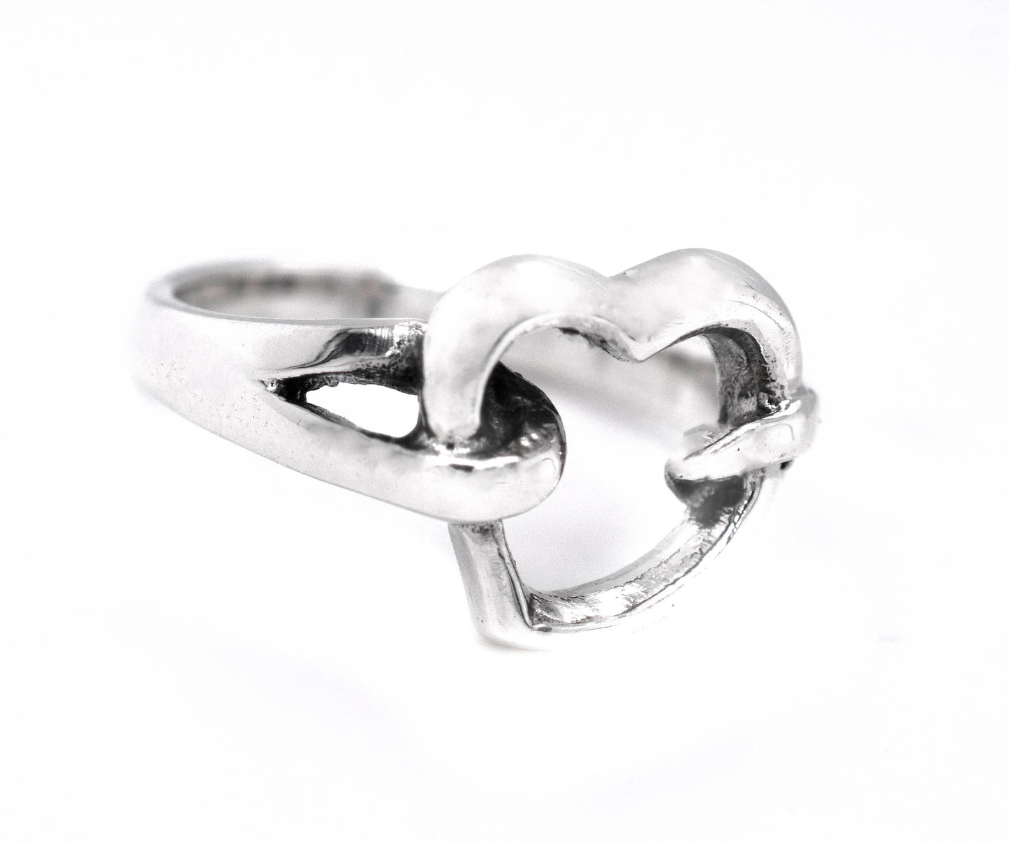 
                  
                    A minimalist Open Heart Double Knot Ring on a white background.
                  
                
