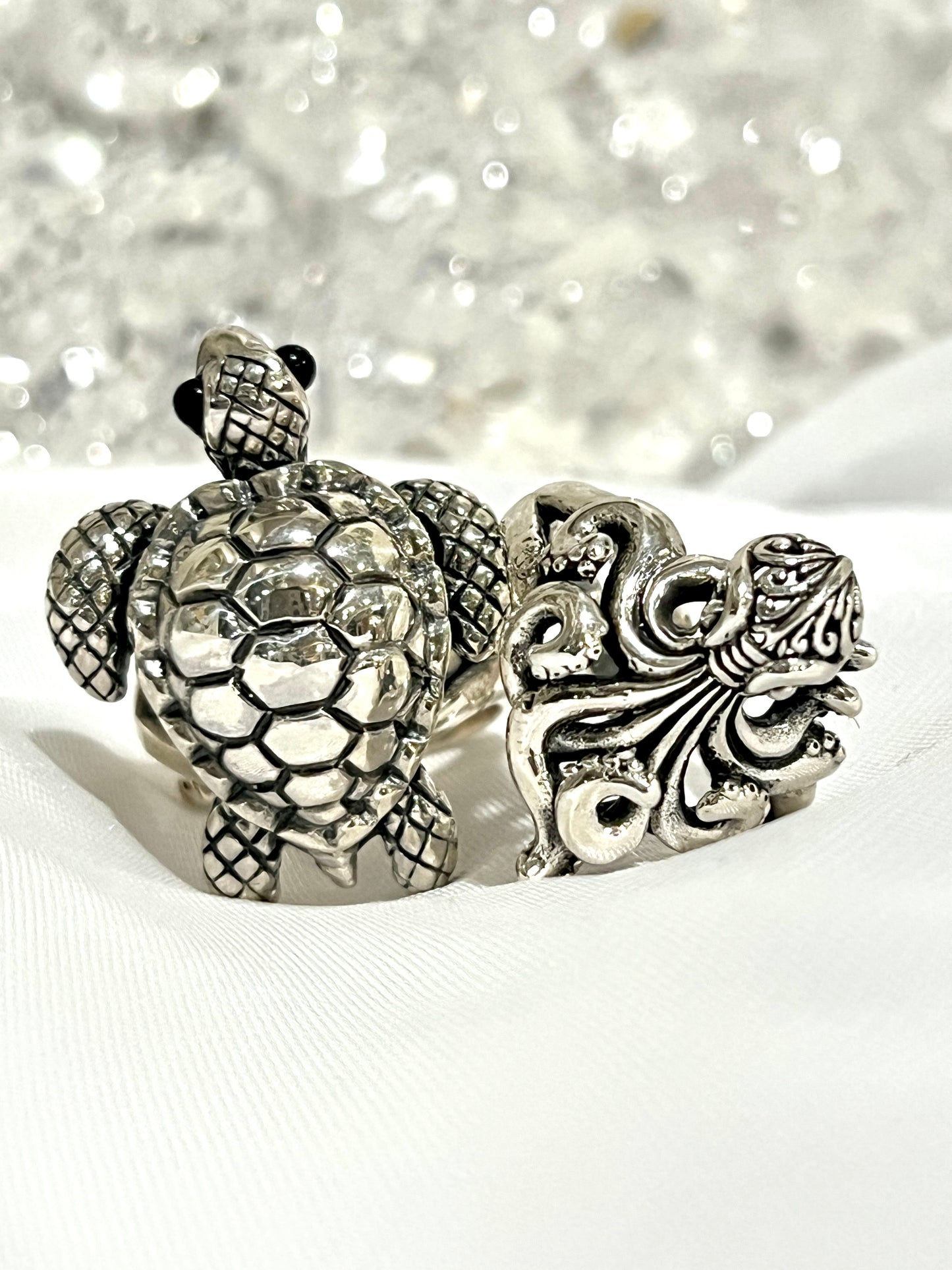 
                  
                    Artisan designer sterling silver turtle and Intricate Filigree Designer Octopus ring.
                  
                