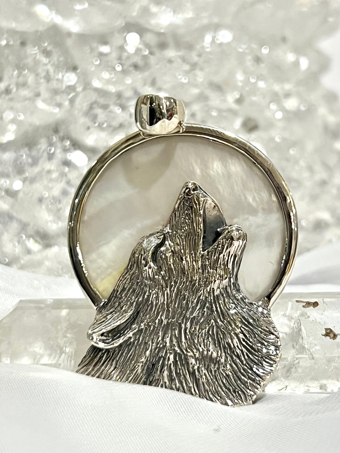 
                  
                    A Super Silver Wolf Howling At The Full Moon Pendant.
                  
                