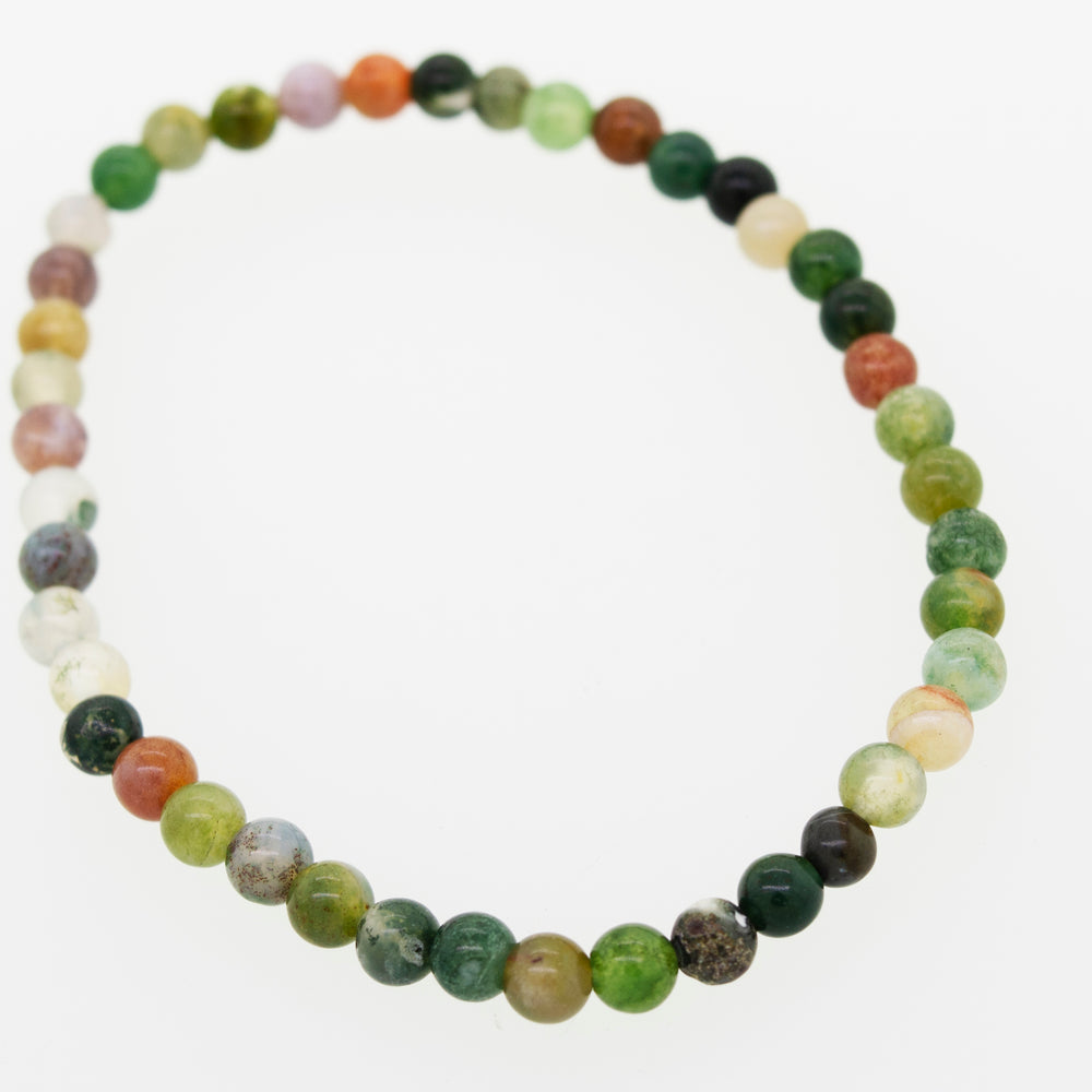 
                  
                    A Super Silver small stone beads bracelet featuring six different colored beads on a white background, secured by an elastic polyester chord.
                  
                