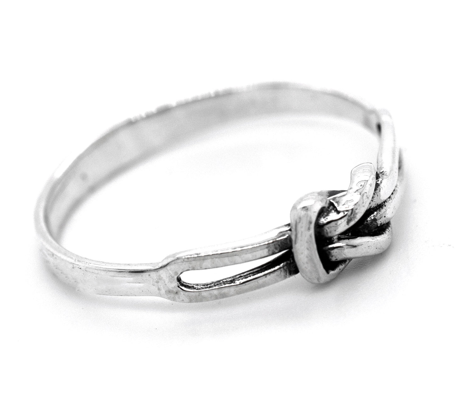 A minimalist design of the Slender Square Knot Ring with a knot on it by Super Silver.