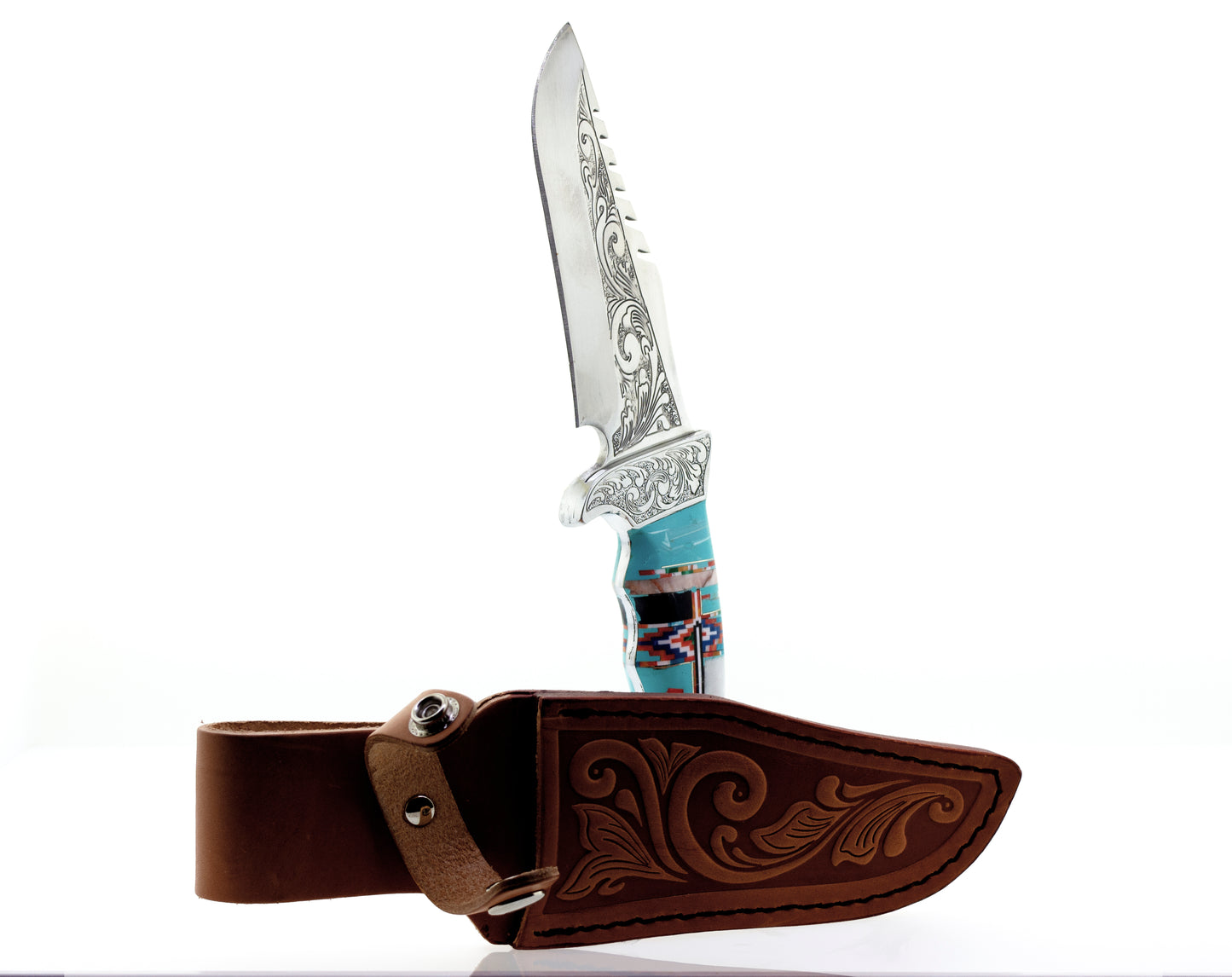 A Stunning Handcrafted Knife With Inlaid Stone Handle on a white background.