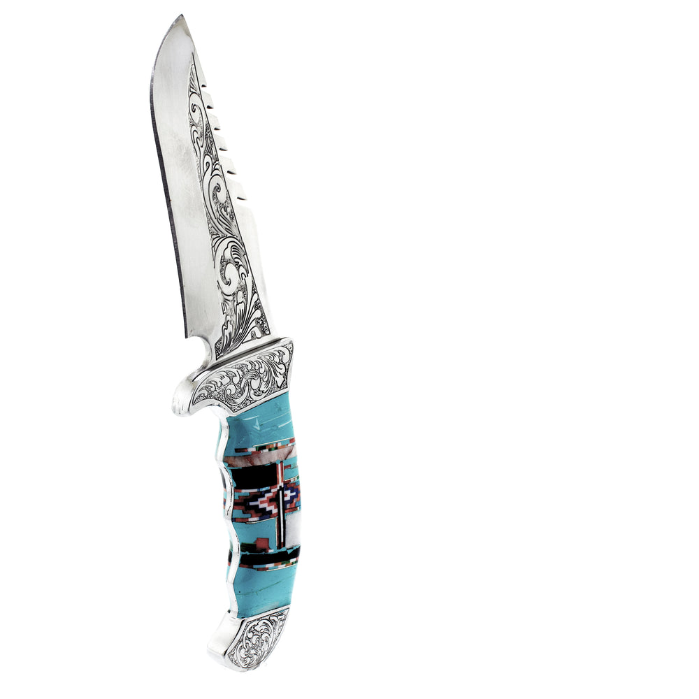 
                  
                    A Stunning Handcrafted Knife With Inlaid Stone Handle on a white background.
                  
                
