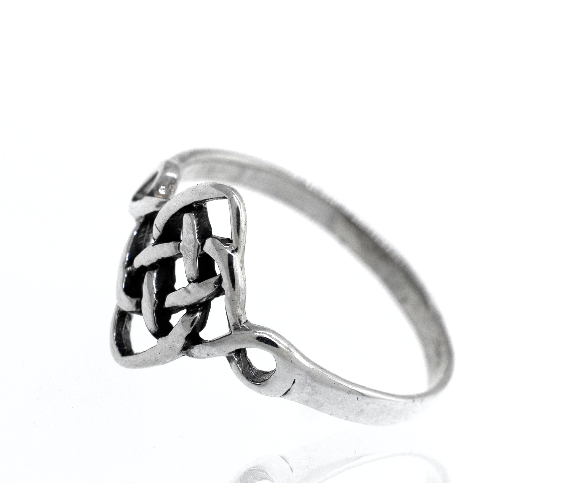 A cultural Celtic Weave Diamond Design ring with a celtic knot design.