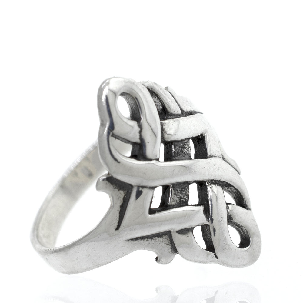 
                  
                    A sterling silver ring with an Open Weave Design Celtic Knot ring.
                  
                