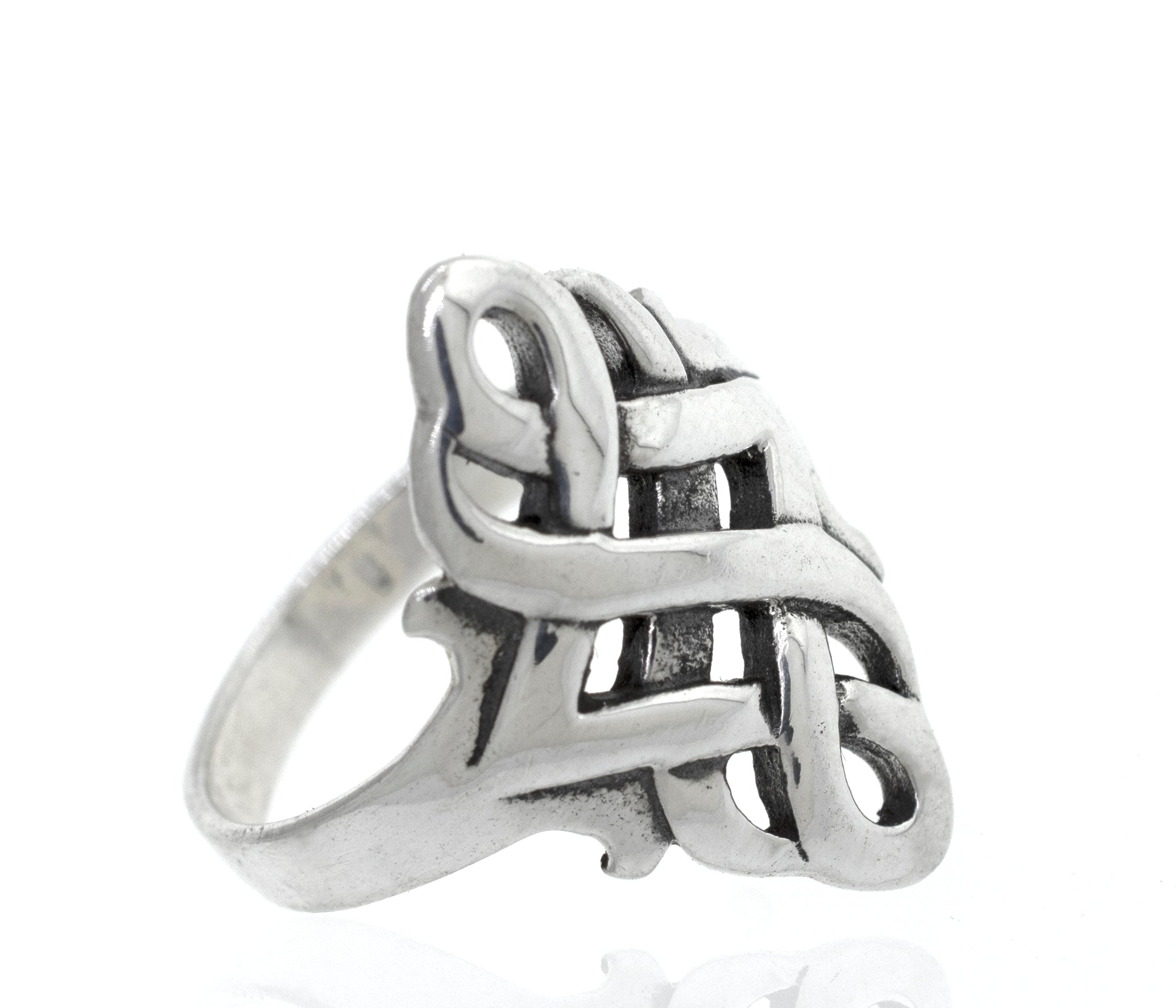 A sterling silver ring with an Open Weave Design Celtic Knot ring.
