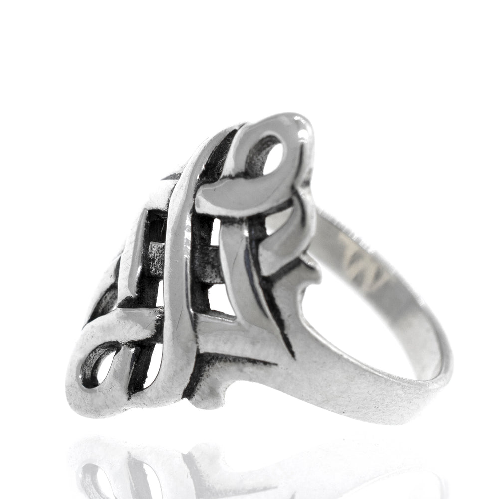 Open Weave Design Celtic Knot engagement ring in sterling silver.