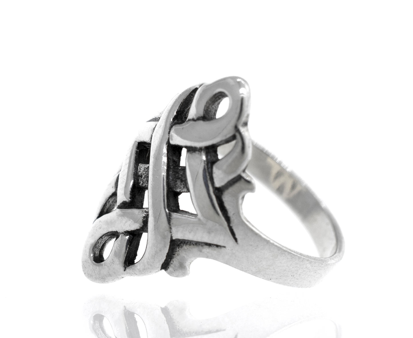 Open Weave Design Celtic Knot engagement ring in sterling silver.