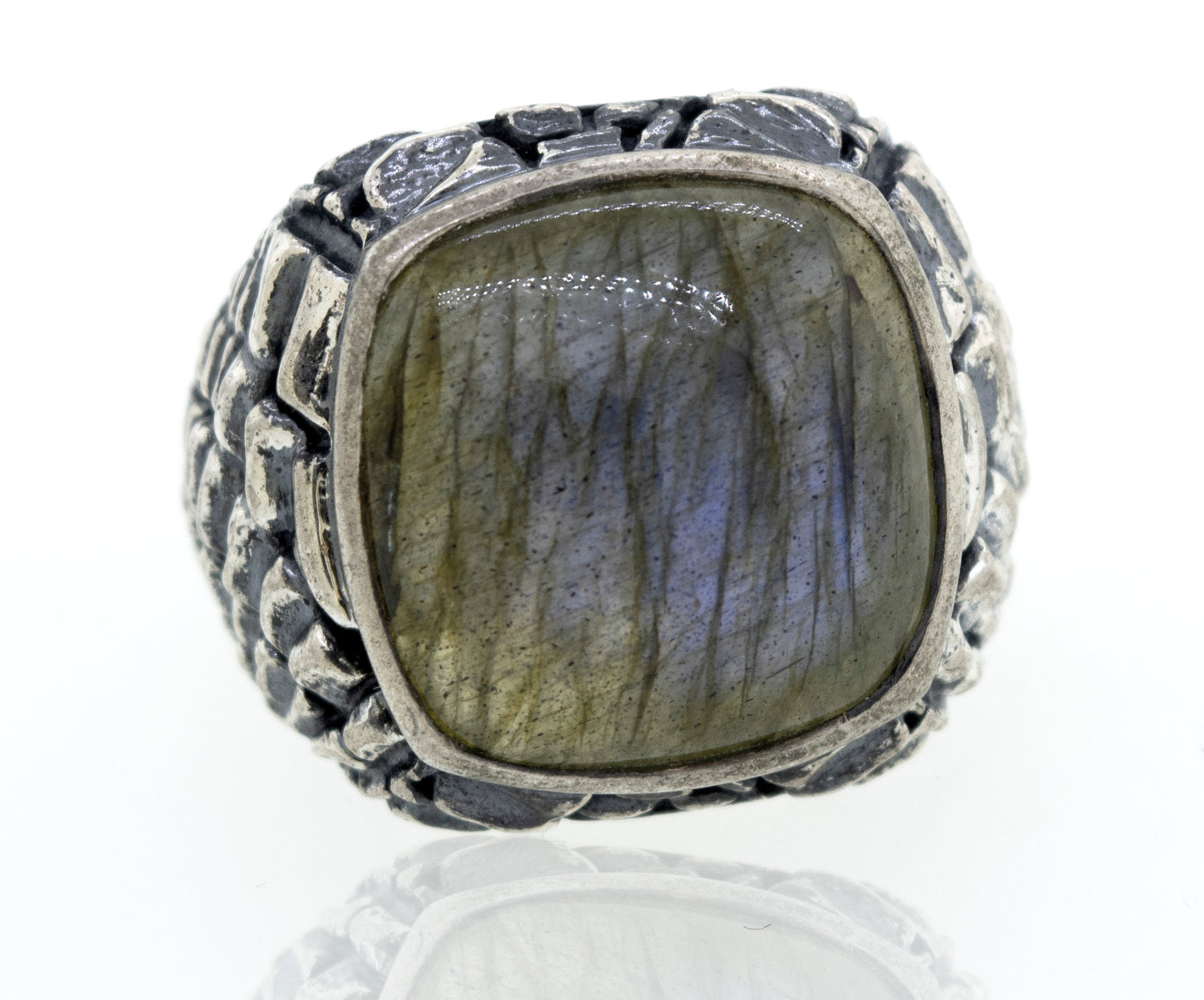 A minimalist sterling silver ring with a Heavy Signet Labradorite stone.