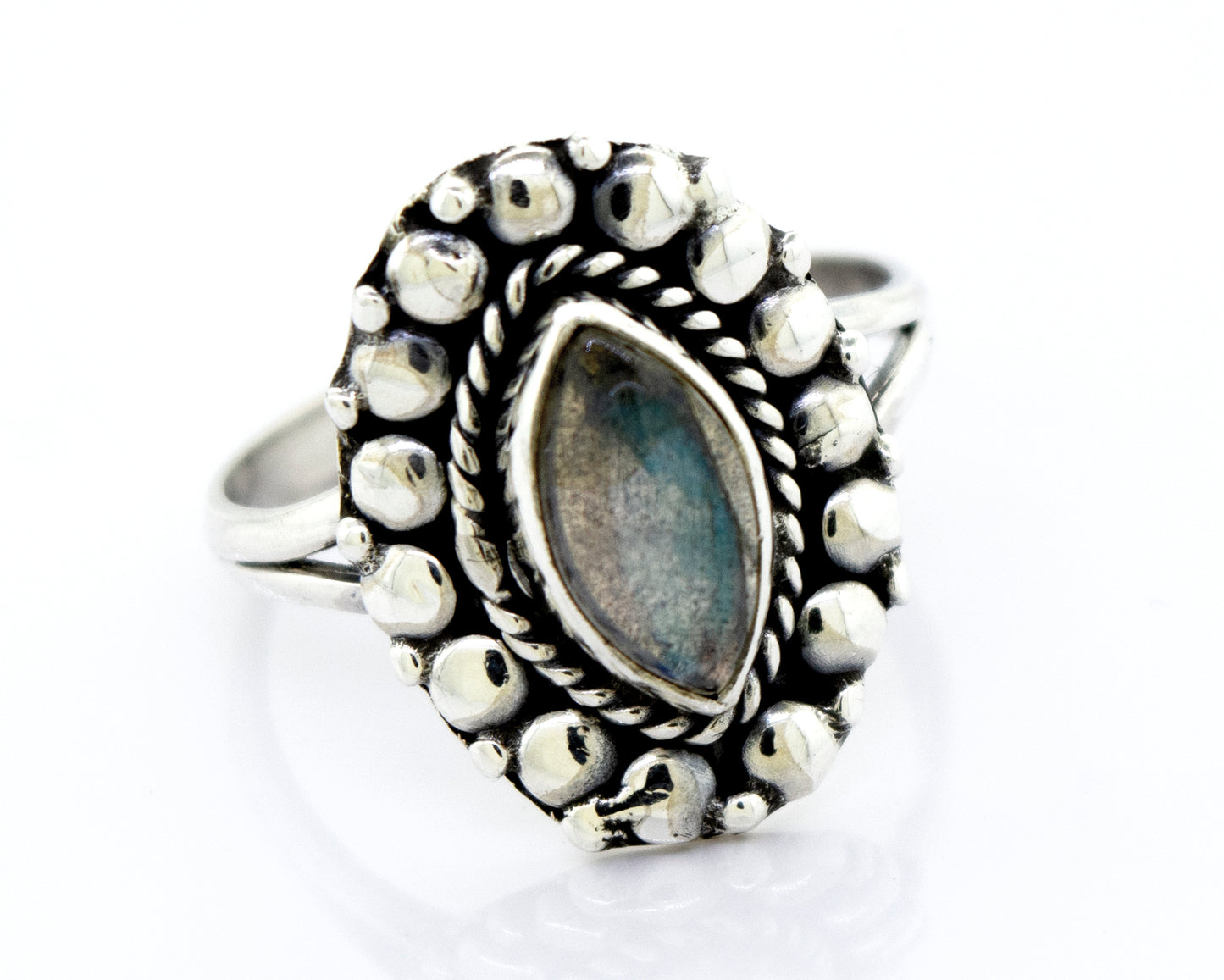 A Super Silver Marquise Shaped Vibrant Labradorite Stone Ring in a beaded design.