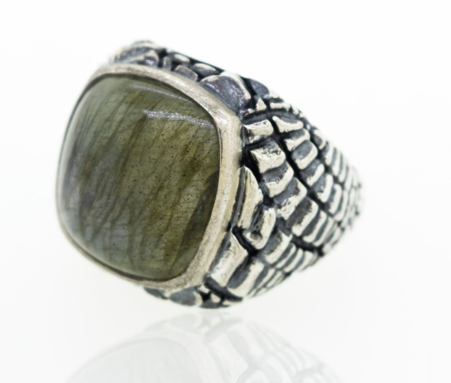 A minimalist silver Heavy Signet Labradorite Ring with a labradorite stone.