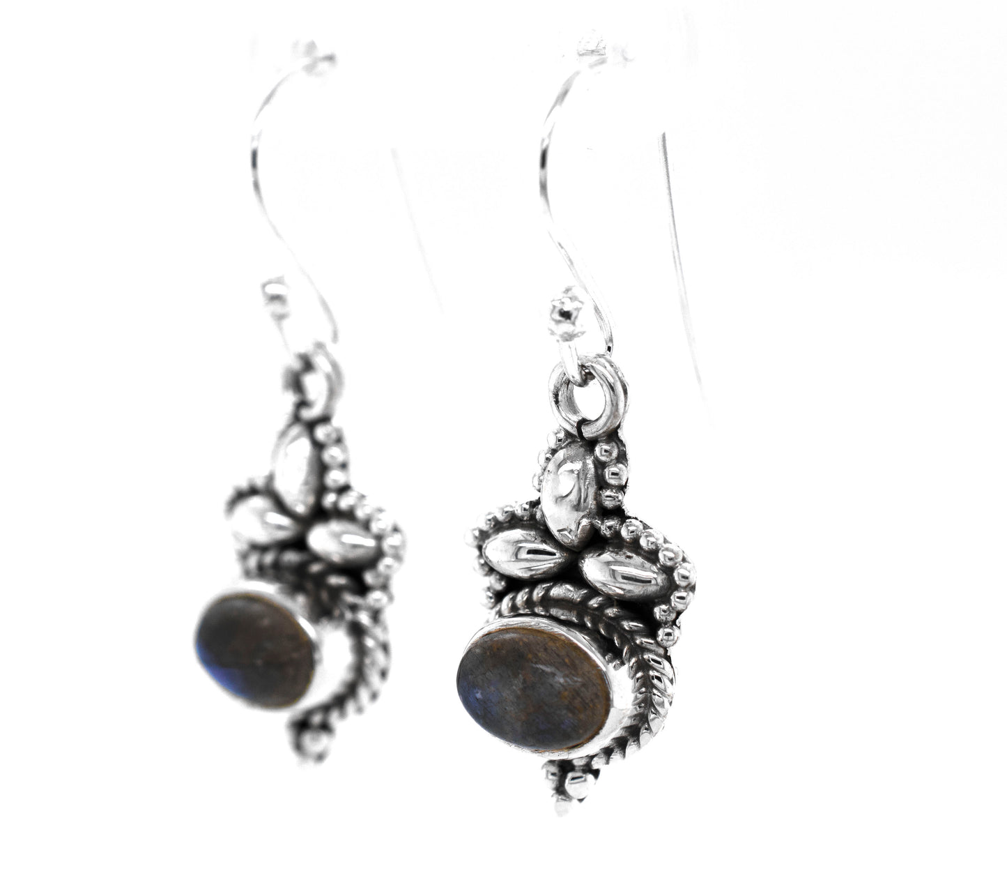 
                  
                    A pair of Super Silver Captivating Petite Stone Earrings with a labradorite gemstone.
                  
                