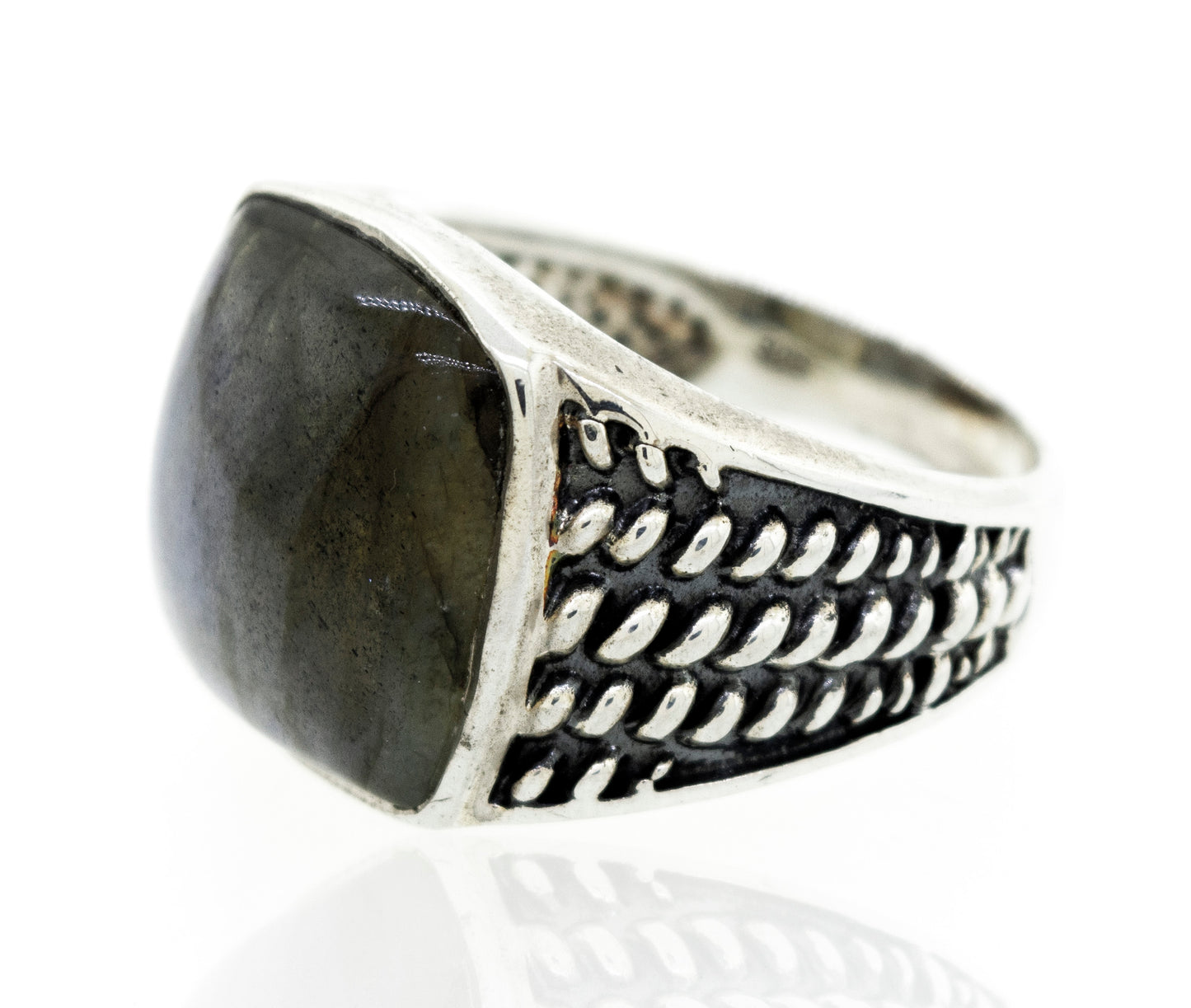 A statement Labradorite Signet Ring With Rope Design.