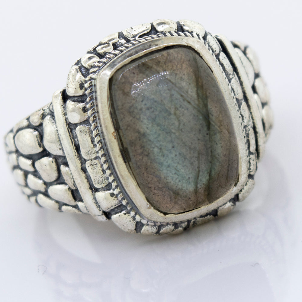 
                  
                    A minimalist silver Labradorite Signet Ring With Dragon Scale Pattern.
                  
                