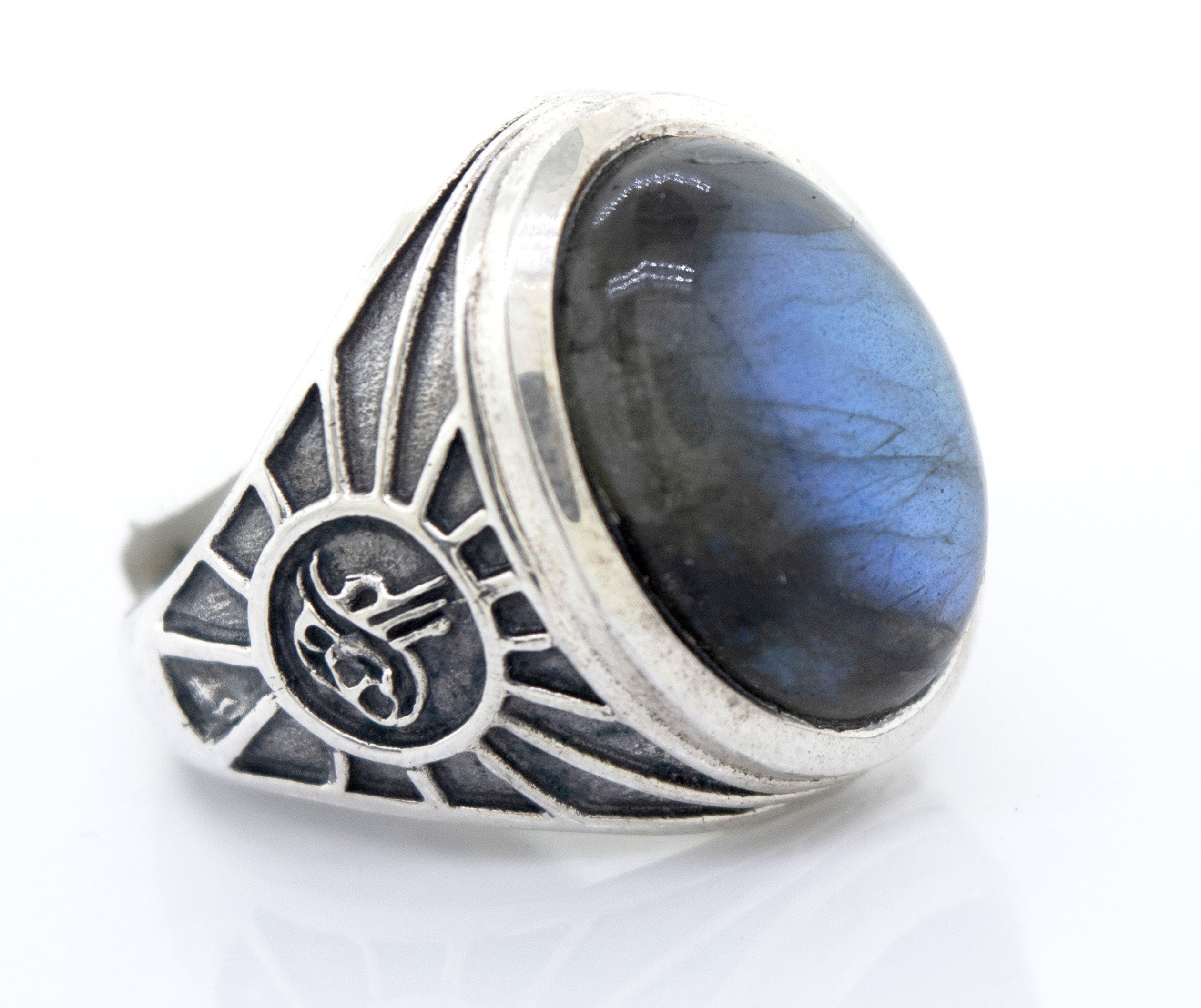 A minimalist sterling silver Labradorite Oval Signet Ring With Wolf Symbol.
