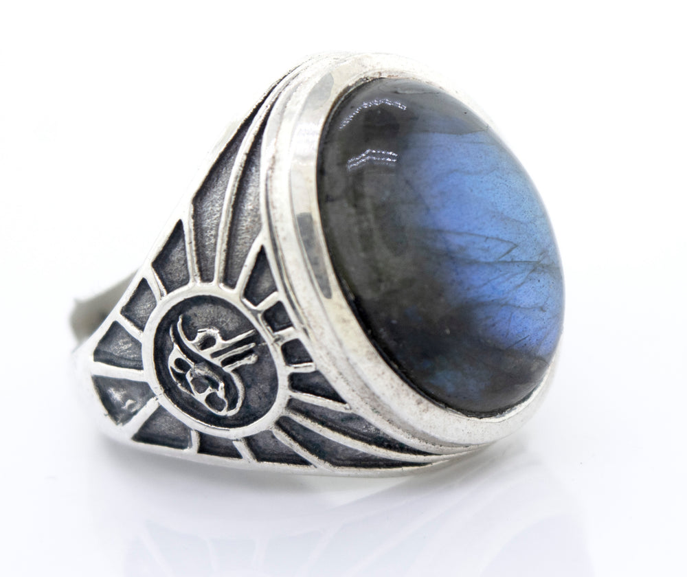 Labradorite Oval Signet Ring With Wolf Symbol