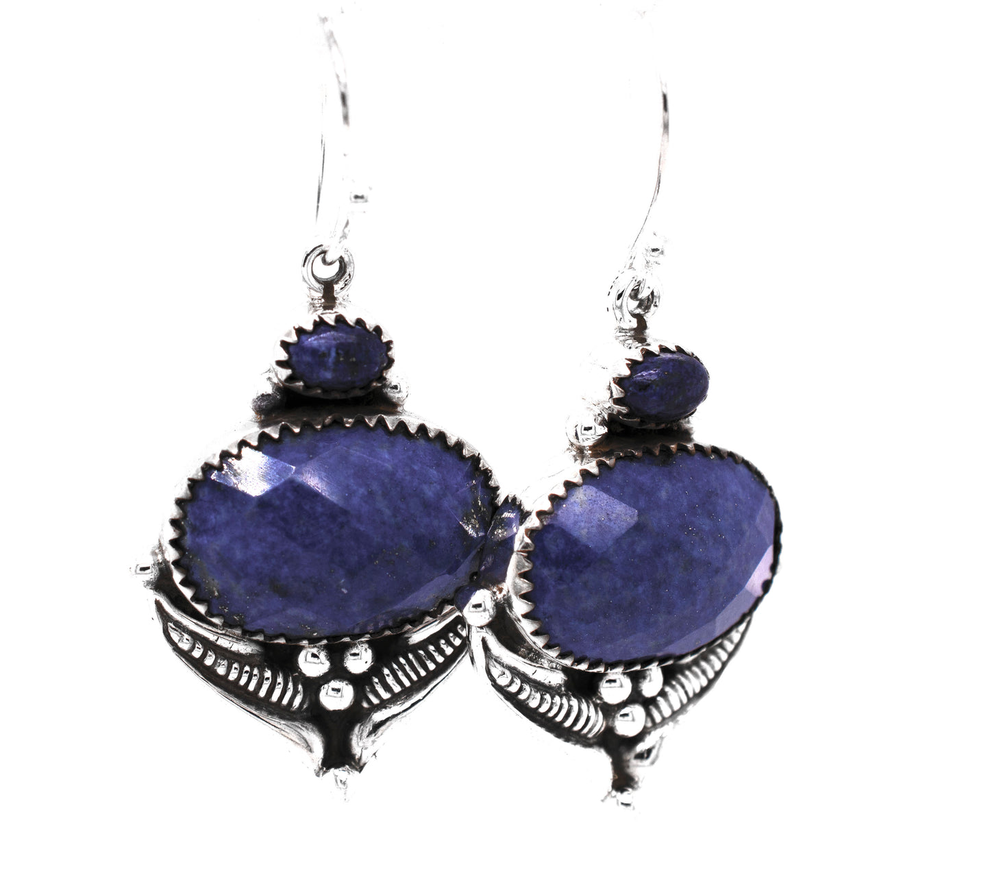 
                  
                    A pair of Spectacular Faceted Gemstone Earrings by Super Silver, featuring lapis faceted stones.
                  
                