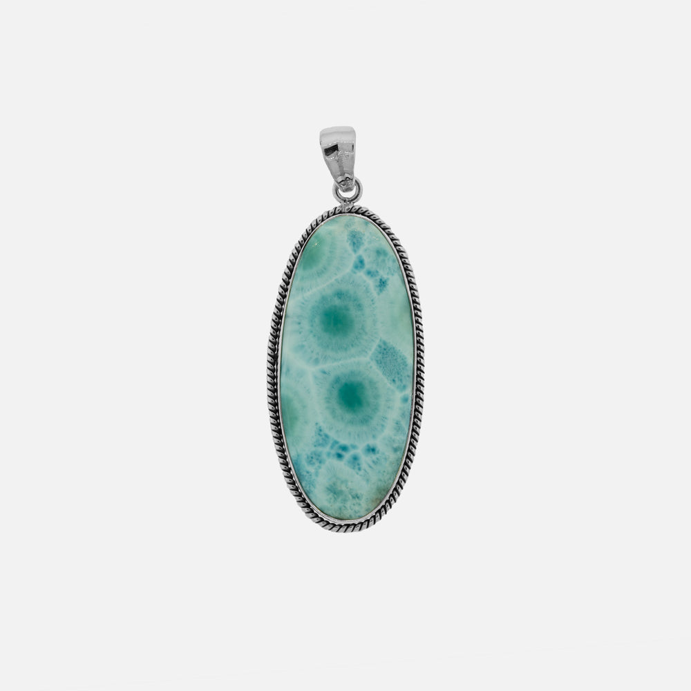 A Large Oblong Larimar Pendant with Rope Border from Super Silver, with a turquoise stone on it, made of sterling silver.