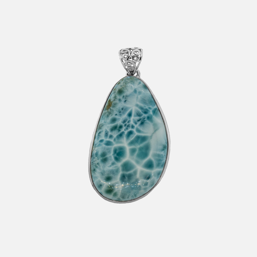 
                  
                    A statement Larger Larimar Pendant crafted with a beautiful piece of turquoise stone encrusted with white diamonds by Super Silver.
                  
                