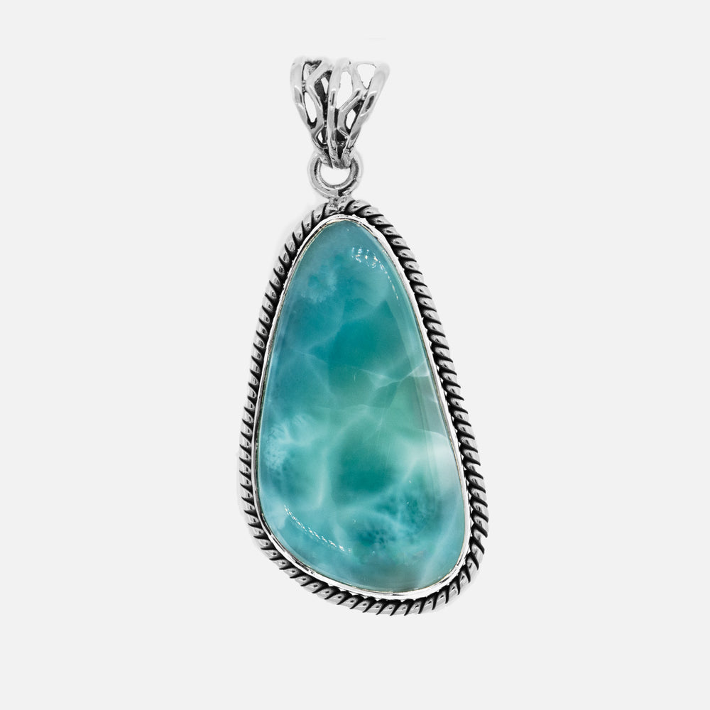 
                  
                    A Super Silver Medium Larimar Pendant with Rope Border, designed to catch the eye.
                  
                