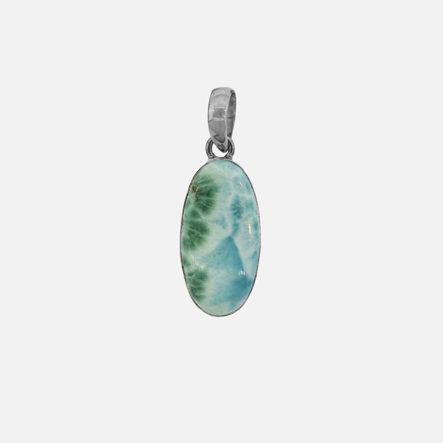 
                  
                    A Medium Oval Larimar Pendant with a blue stone on it, made of .925 Sterling Silver by Super Silver.
                  
                