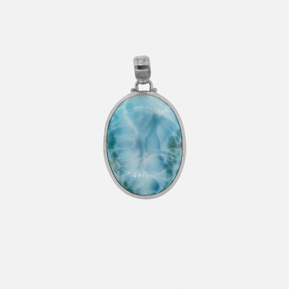 A Larger Oval Larimar Pendant with a Super Silver design on a white background.
