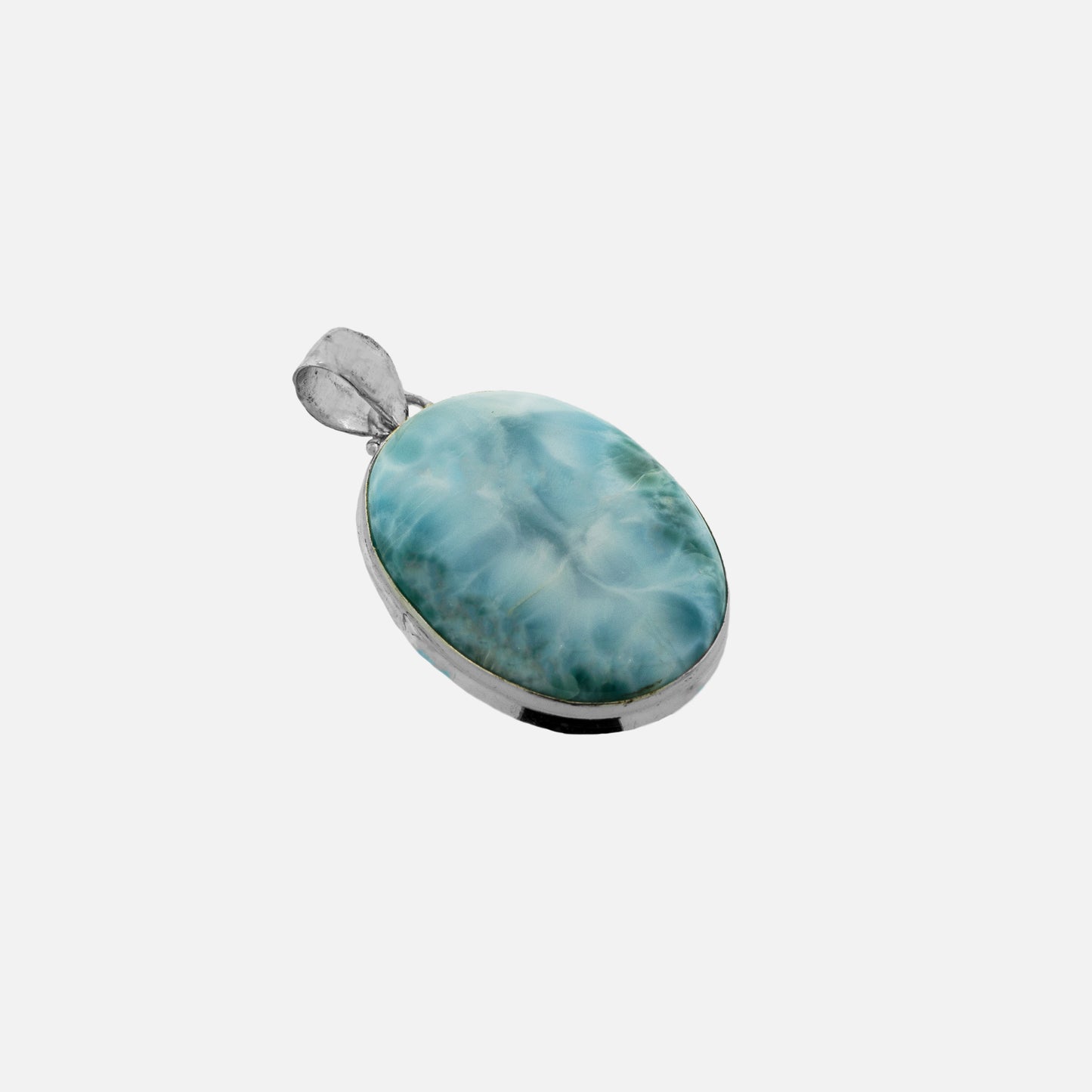 A Larger Oval Larimar Pendant with a sterling silver design on a white background by Super Silver.