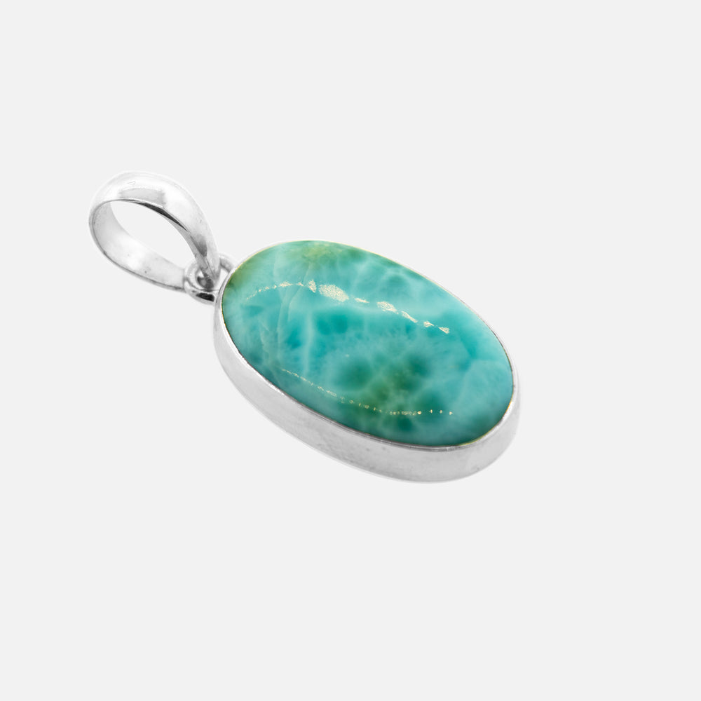 A Medium Oval Larimar Pendant by Super Silver, on a white background, suitable for everyday wear.