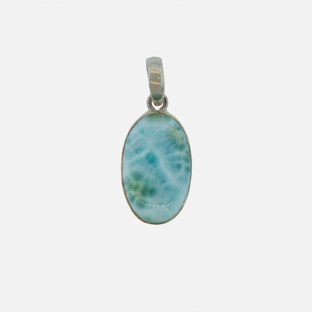 An everyday wear Medium Oval Larimar Pendant made by Super Silver with a beautiful blue stone.
